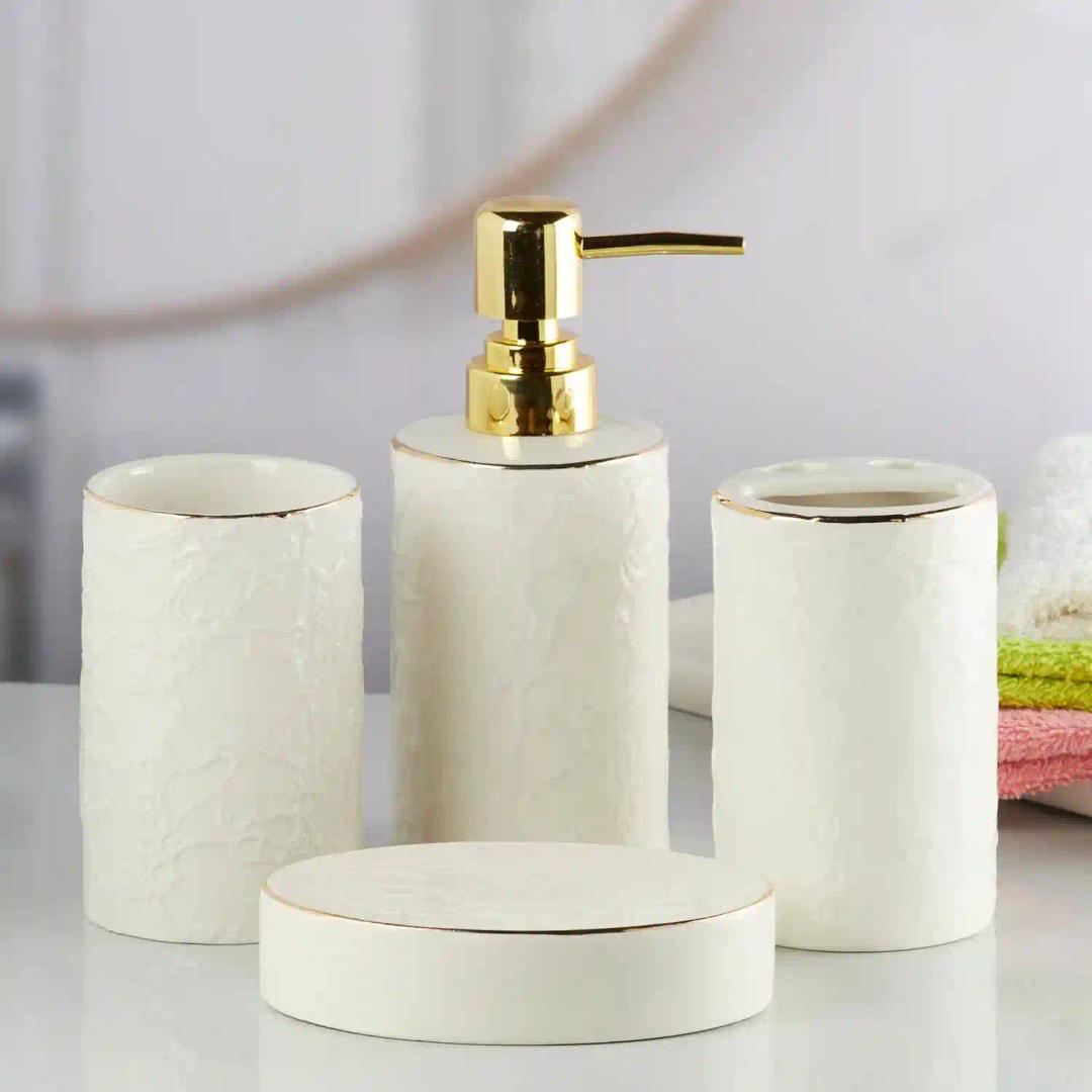 Kookee Ceramic Bathroom Accessories Set of 4, Modern Bath Set with Liquid handwash Soap Dispenser and Toothbrush holder, Luxury Gift Accessory for Home - White (10255)