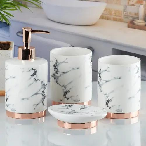 Kookee Ceramic Bathroom Accessories Set of 4, Modern Bath Set with Liquid handwash Soap Dispenser and Toothbrush holder, Luxury Gift Accessory for Home