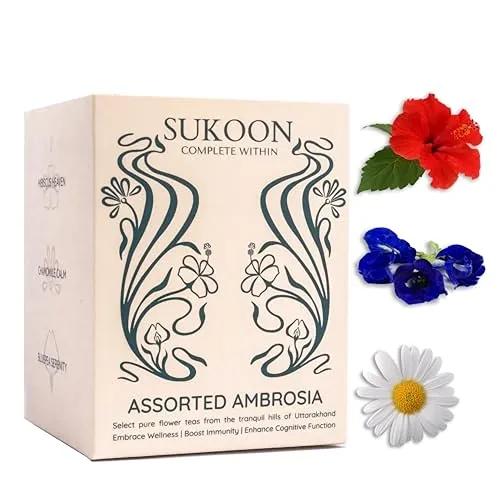 Sukoon Assorted Herbal Tea Bags, Eco-Friendly Pyramid tea bags | Pure Chamomile tea, Pure Hibiscus Tea, Pure Bluepea Tea sampler tea bags | 5 pcs tea bags of each Flavour | Different tea flavours set