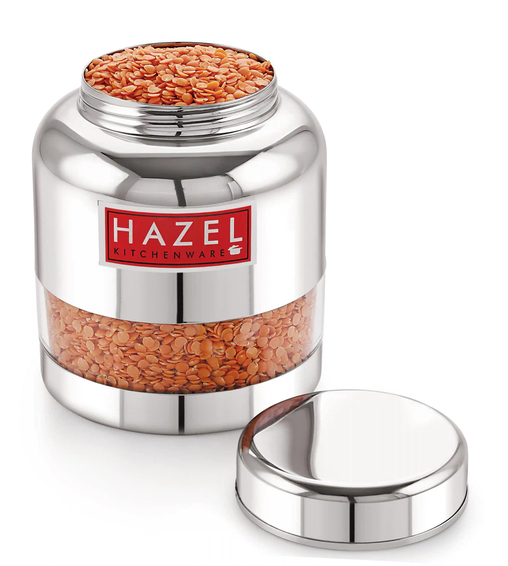 HAZEL Stainless Steel Transparent Container Glossy Finish Airtight See Through Jar Barni, 2000 ML, Silver