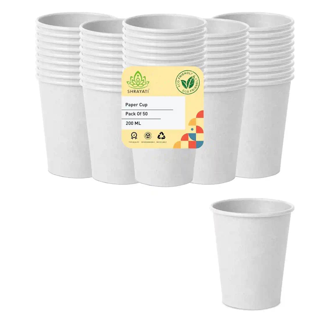 SHRAYATI Paper Cups, 200 ml, 50 pcs per Pack, Pack of 2, Disposable Glasses - Eco-Friendly, Biodegradable and Perfect for Parties, Events, and Everyday Use - Paper Cups Disposable