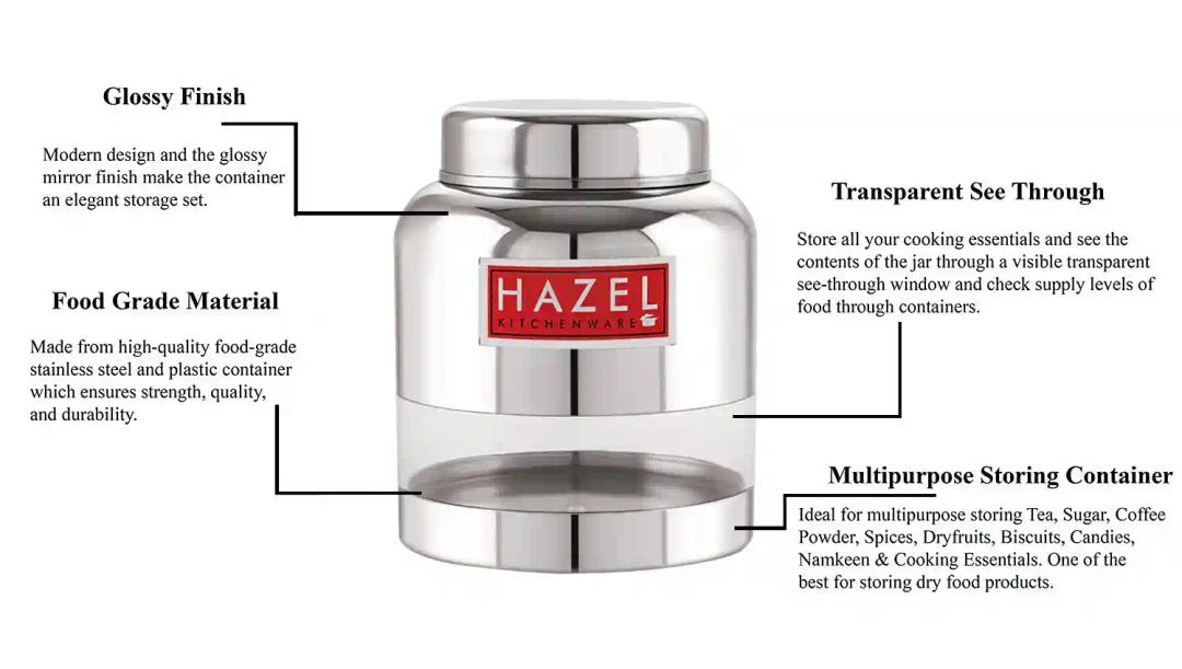 HAZEL Stainless Steel Transparent Container Glossy Finish Airtight See Through Jar Barni, 2000 ML, Silver