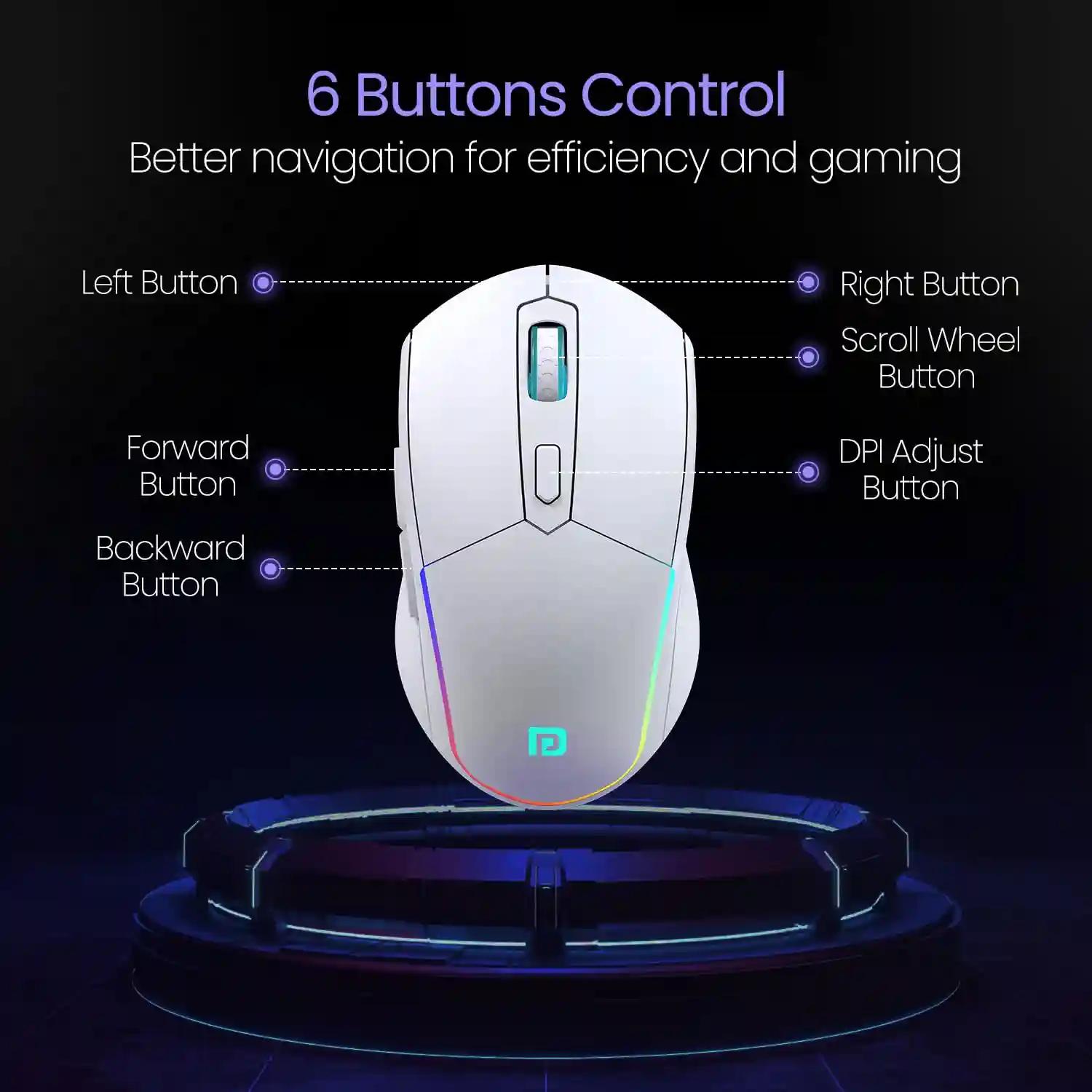 Portronics Toad One Bluetooth Mouse with 2.4 GHz & BT 5.3 Dual Wireless, 6 Buttons, Rechargeable, RGB Lights, Connect 3 Devices, Ergonomic Design for Laptop, Smartphone, Tablet (White)