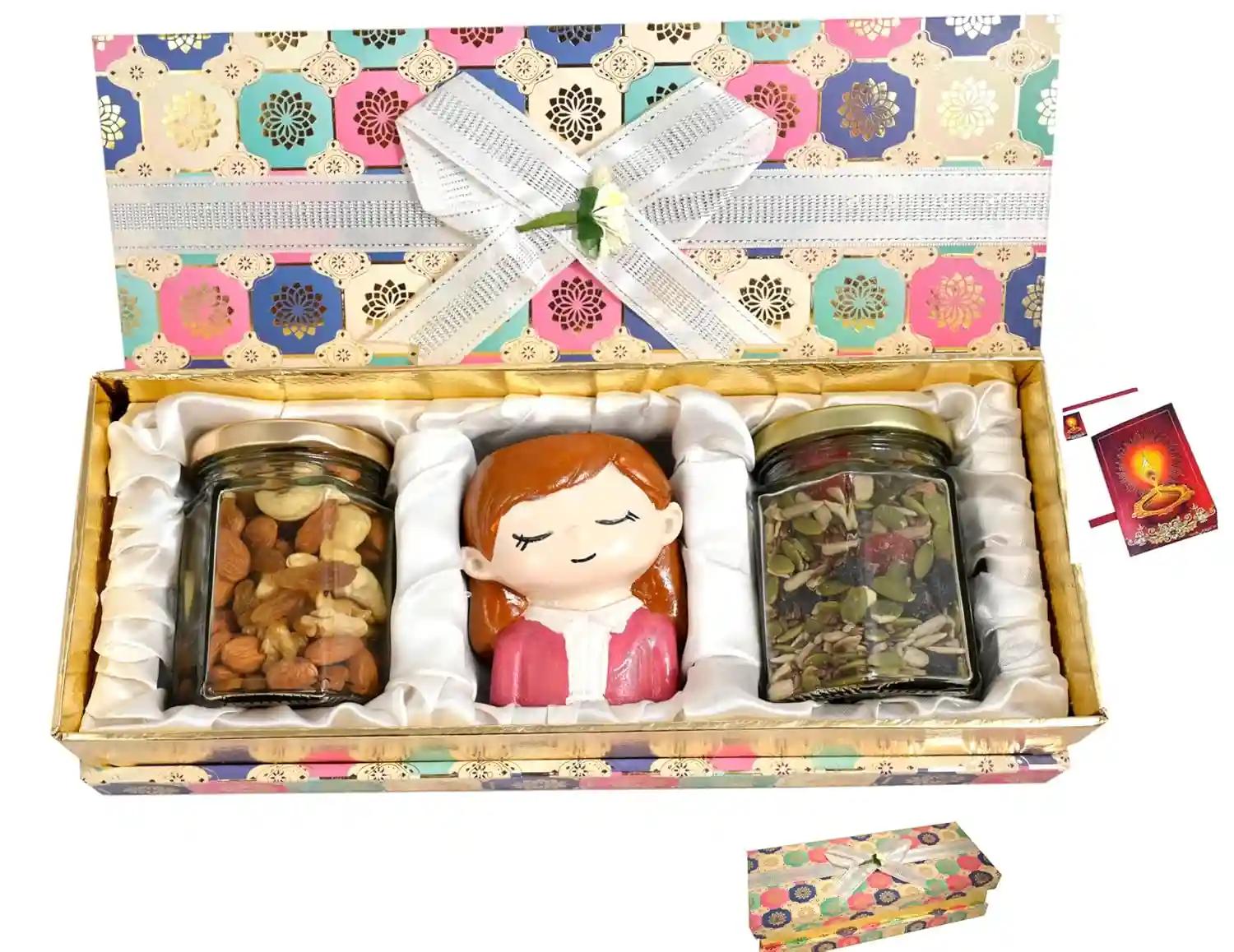 Diwali dryfruit nut and seed box/diwali dry fruits tray/diwali dry fruits hamper/diwali gift for employees-decorated box+Planter for decor+Mix dry fruits(100gms)+Mix seeds(100gms)+Diwali Card