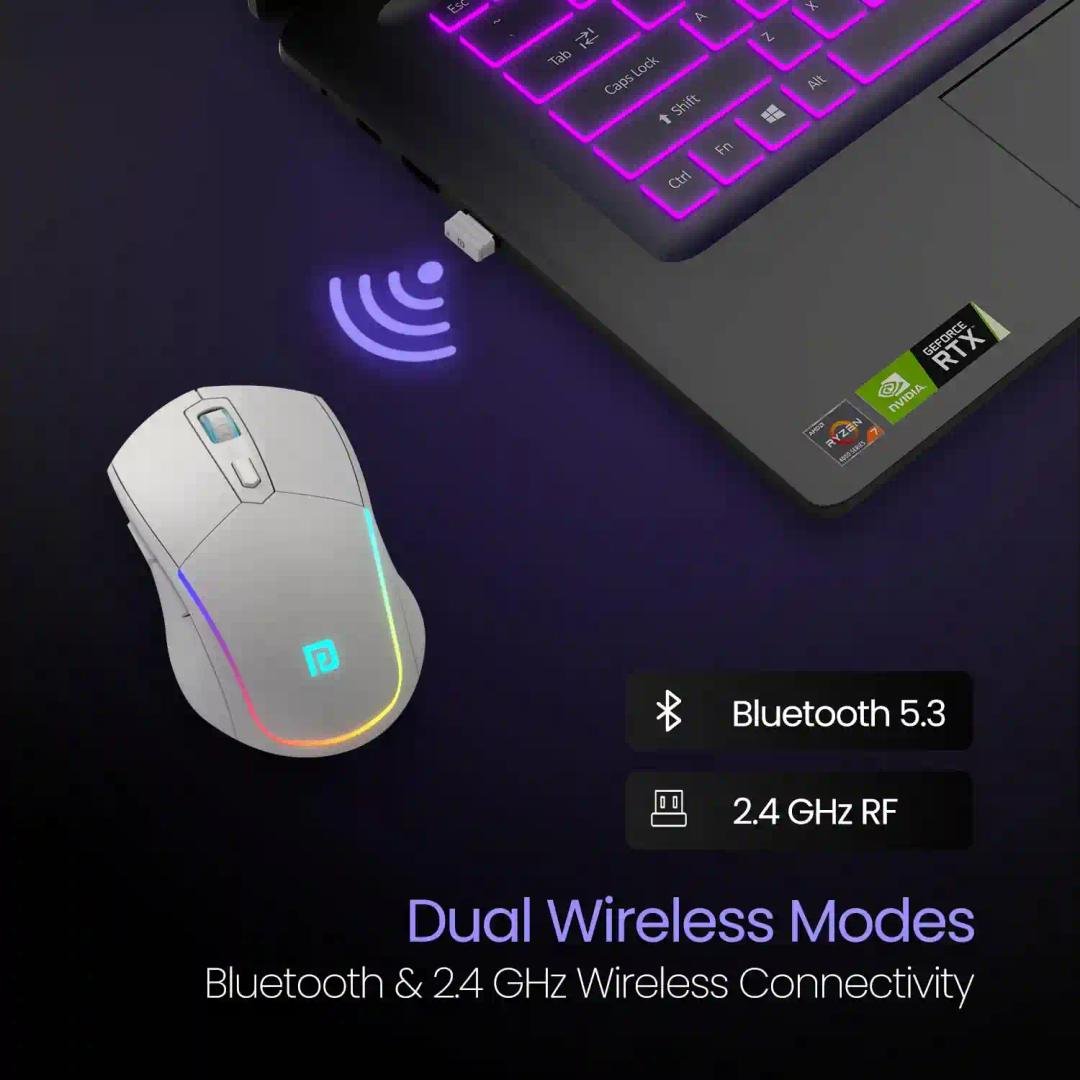 Portronics Toad One Bluetooth Mouse with 2.4 GHz & BT 5.3 Dual Wireless, 6 Buttons, Rechargeable, RGB Lights, Connect 3 Devices, Ergonomic Design for Laptop, Smartphone, Tablet (White)