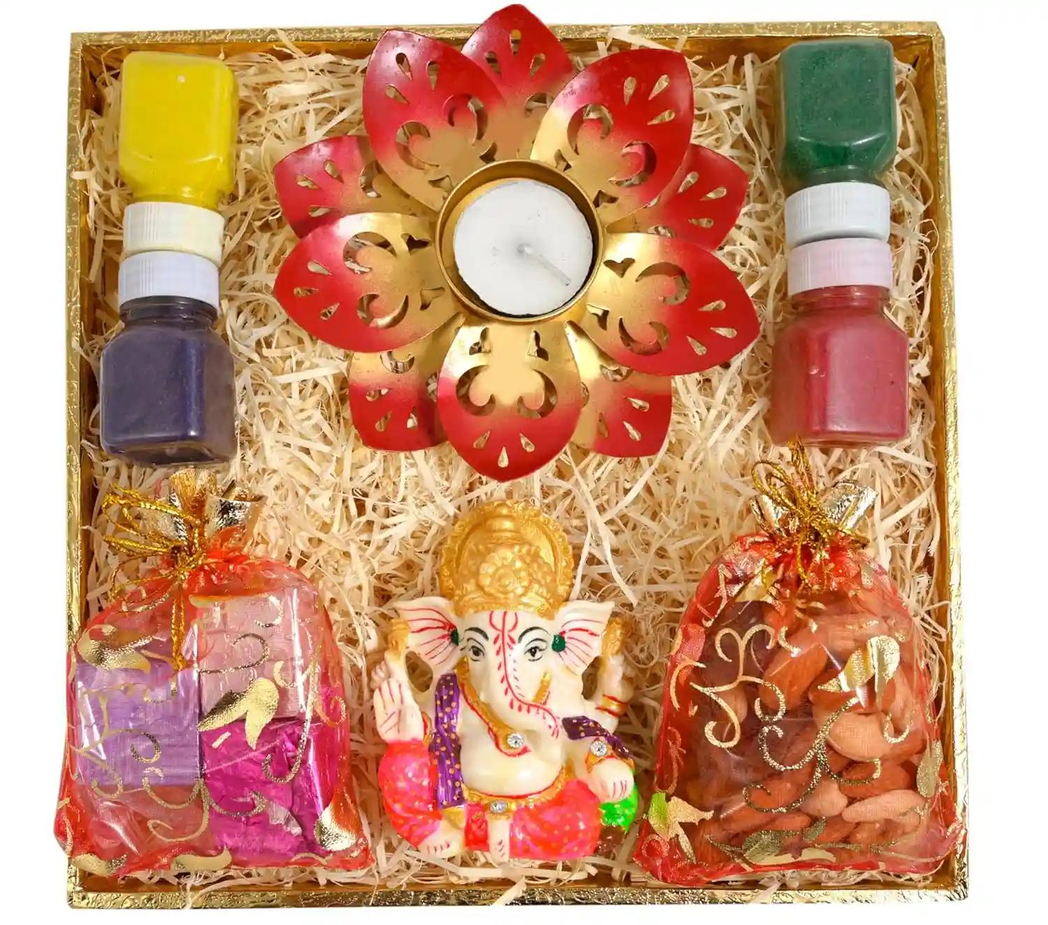 Diwali chocolate candy/diwali gift hamper with chocolates and dry fruits/d-decorated tray+potli of mix dry fruit+potli of fruits and nuts chocolates+showpiece figurine+1 candle holder+4 Rangoli Colour