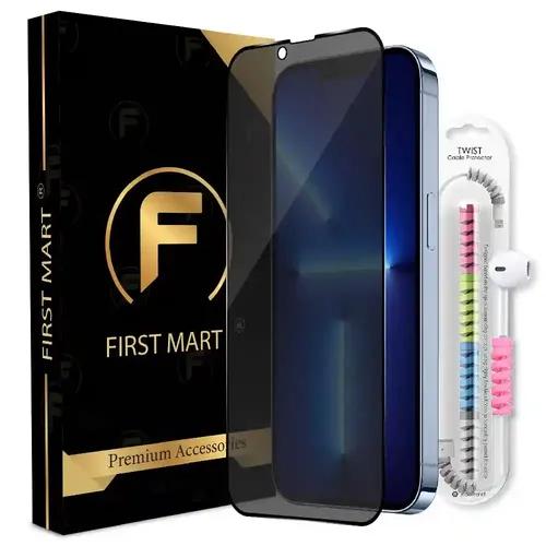 FIRST MART Privacy Tempered Glass for iPhone 13 Pro Max / 14 Plus Edge to Edge Full Screen Coverage & Cable Protector & Easy Installation Kit