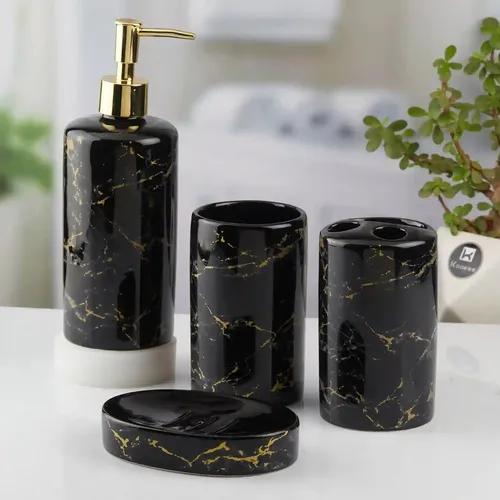 Kookee Ceramic Bathroom Accessories Set of 4, Modern Bath Set with Liquid hand wash Soap Dispenser and Toothbrush holder, Luxury Gift Accessory for Home, Black (10390)