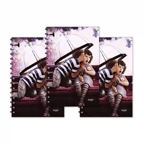 Boy Kiss Girl On Bench In Garden Under Umbrella Designer Ruled Diaries - Pack Of 3