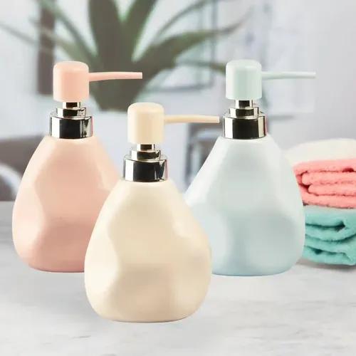 Kookee Ceramic Soap Dispenser for Bathroom hand wash, refillable pump bottle for Kitchen hand wash basin, Set of 3, Multicolor (11071)