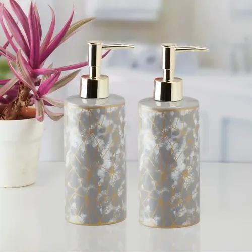 Kookee Ceramic Soap Dispenser for Bathroom hand wash, refillable pump bottle for Kitchen hand wash basin, Set of 2, Grey/Gold (10827)