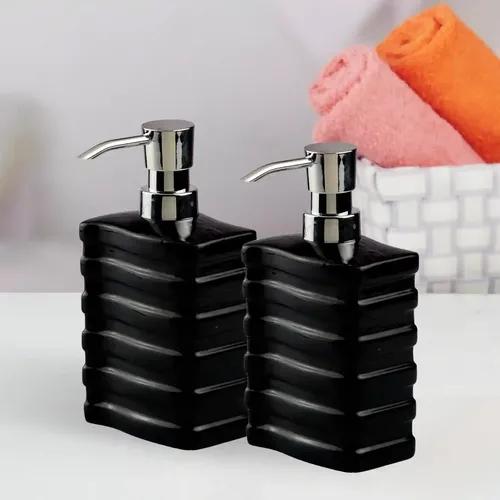 Kookee Ceramic Soap Dispenser for Bathroom hand wash, refillable pump bottle for Kitchen hand wash basin, Set of 2, Black (10977)