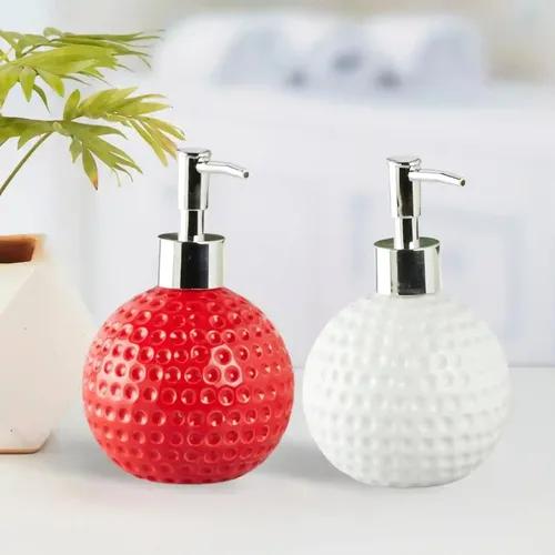 Kookee Ceramic Soap Dispenser for Bathroom hand wash, refillable pump bottle for Kitchen hand wash basin, Set of 2, Red/White (11041)