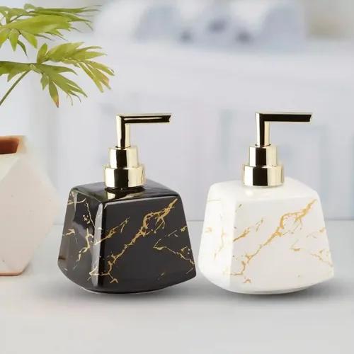 Kookee Ceramic Soap Dispenser for Bathroom hand wash, refillable pump bottle for Kitchen hand wash basin, Set of 2, White/Black (10834)