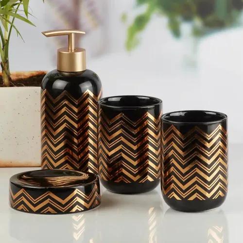 Kookee Ceramic Bathroom Accessories Set of 4, Modern Bath Set with Liquid handwash Soap Dispenser and Toothbrush holder, Luxury Gift Accessory for Home - Black (10082)