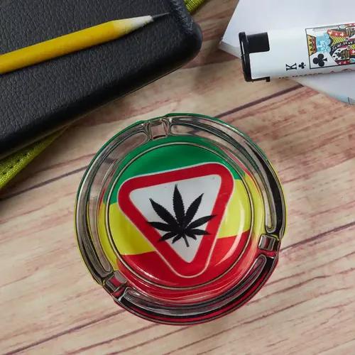 Kookee Glass Ashtray for Outdoor Indoor Transparent Modern Home Decor Tabletop Ashtray for Smokers, Printed, Round (Diameter: 8.5cm) (9819)