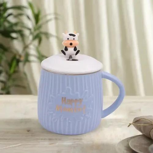 Kookee Fancy Ceramic Coffee or Tea Mug with Lid and Handle with Spoon for Office, Home or Gifting - 325ml (HY-1074-A)