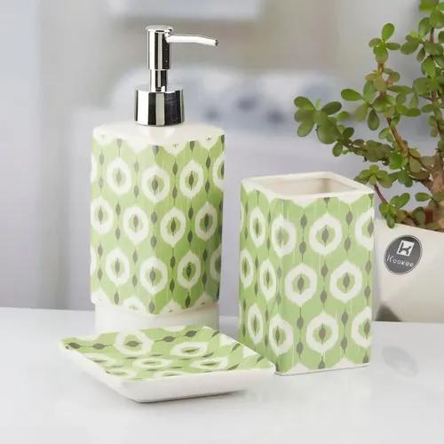 Kookee Ceramic Bathroom Accessories Set of 3, Modern Bath Set with Liquid hand wash Soap Dispenser and Toothbrush holder, Luxury Gift Accessory for Home, Green (10421)