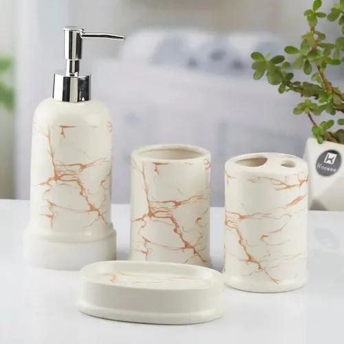 Kookee Ceramic Bathroom Accessories Set of 4, Modern Bath Set with Liquid hand wash Soap Dispenser and Toothbrush holder, Luxury Gift Accessory for Home, White/Gold (10392)