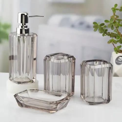 Kookee Acrylic Bathroom Accessories Set of 3, Modern Bath Set with Liquid hand wash Soap Dispenser and Toothbrush holder, Luxury Gift Accessory for Home, Transparent Grey (10719)