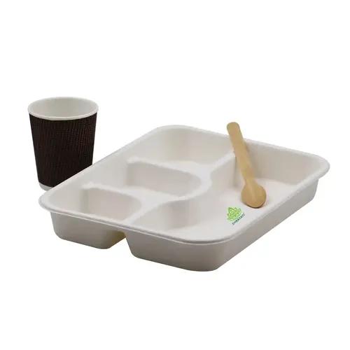 SHRAYATI Sugarcane Bagasse Set of 75 Pcs, 4 CP Deep Trays (25 Pcs), Spoons (25 Pcs), Ripple Paper Cups 250 ml (25 Pcs),100% Bio degradable, Best for Party, Home, Office and All Occasions