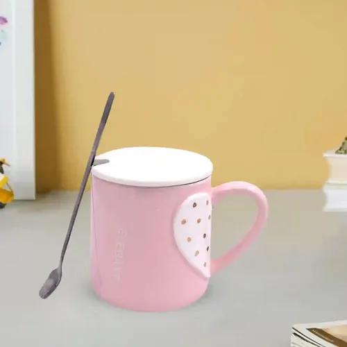 Kookee Fancy Ceramic Coffee or Tea Mug with Lid and Handle with Spoon for Office, Home or Gifting - 325ml (HY-1015-A)