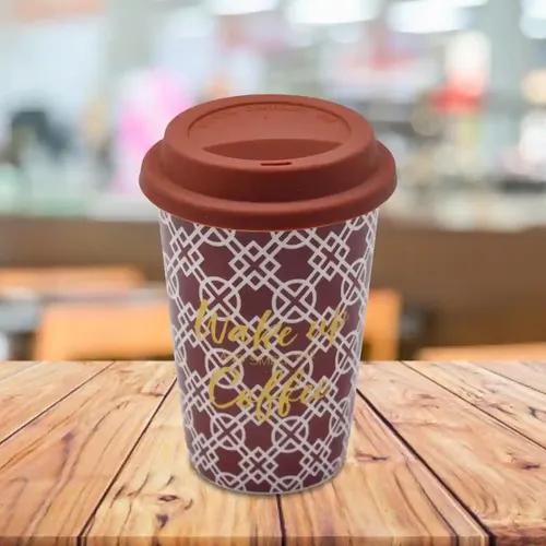 Kookee Ceramic Coffee or Tea Tall Tumbler with Silicone Lid for Office, Home or Gifting - 275ml (BPM4875-C)