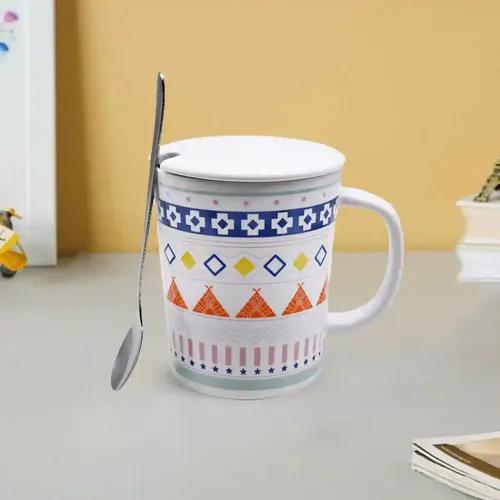 Kookee Fancy Ceramic Coffee or Tea Mug with Lid and Handle with Spoon for Office, Home or Gifting (8535)