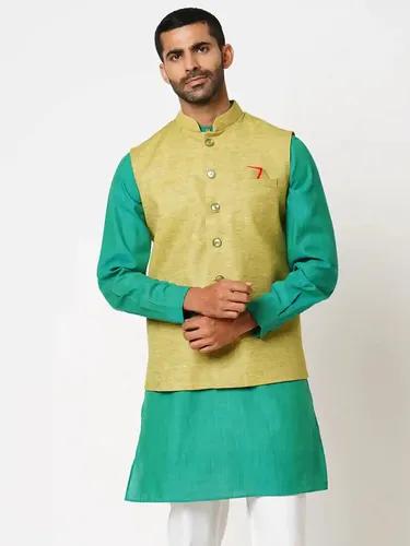 Indivisual Men's Two tone Yarn Dyed Green Oasis Nehru Jacket - S(Green)