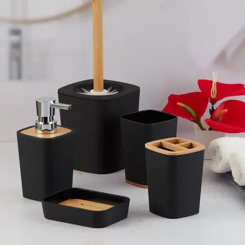 Kookee Acrylic Bathroom Accessories Set of 5, Modern Acrylic Bath Set with Liquid Soap Dispenser and Toothbrush Holder, Bathroom Accessory Set with Toilet Brush Gift Items for Home - Black (10031)