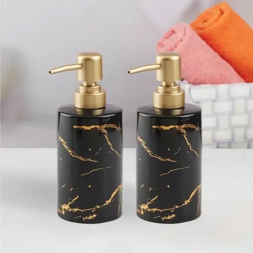 Kookee Ceramic Soap Dispenser for Bathroom hand wash, refillable pump bottle for Kitchen hand wash basin, Set of 2, Black/Gold (10986)