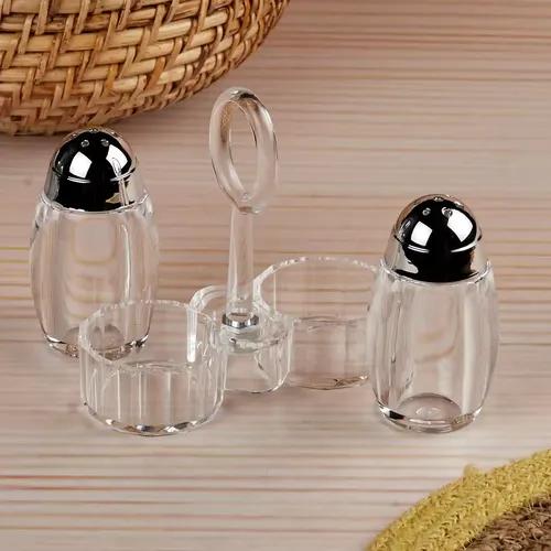 Kookee Acrylic Salt and Pepper Shakers Set with tray for Dining Table used as Namak Dhani, Shaker, Sprinkler, Spices Dispenser for Home, Kitchen and Restaurant, Transparent Silver (10705)