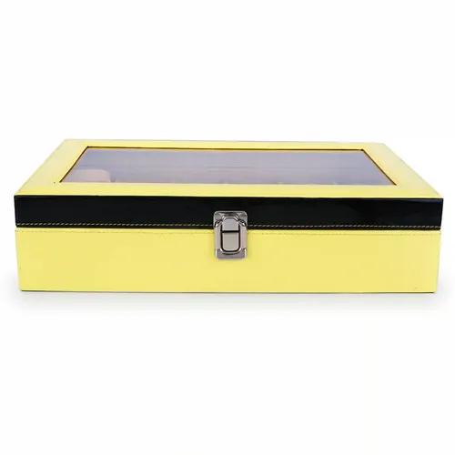 LEDO PU Leather Watch Box Organizer Case in 12 slots of Watches with Transparent Display Look - Yellow & Cream