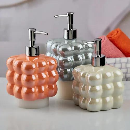 Kookee Ceramic Soap Dispenser for Bathroom hand wash, refillable pump bottle for Kitchen hand wash basin, Set of 3, Beige/Blue/Orange (10544)