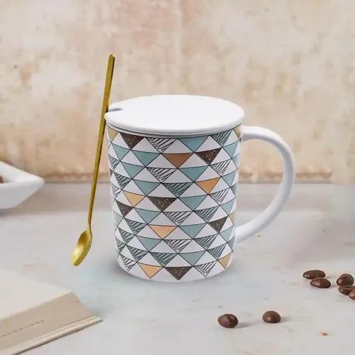 Kookee Fancy Ceramic Coffee or Tea Mug with Lid and Handle with Spoon for Office, Home or Gifting (8523)