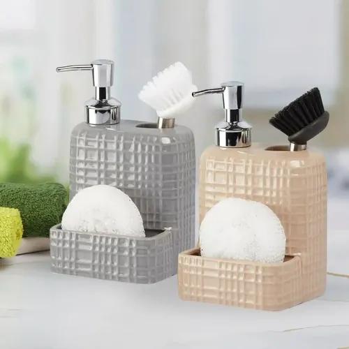 Kookee Ceramic Soap Dispenser for Bathroom hand wash, refillable pump bottle for Kitchen hand wash basin, Set of 4, Beige/Grey (11019)