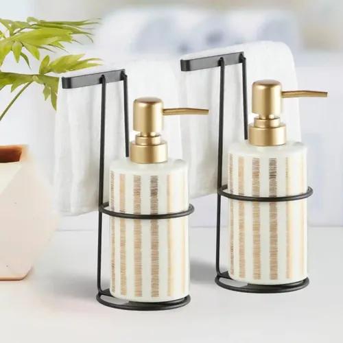 Kookee Ceramic Soap Dispenser for Bathroom hand wash, refillable pump bottle for Kitchen hand wash basin, Set of 2, White/Gold (11027)