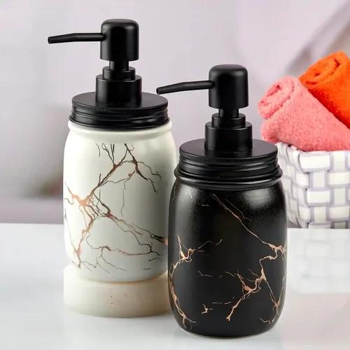 Kookee Ceramic Soap Dispenser for Bathroom hand wash, refillable pump bottle for Kitchen hand wash basin, Set of 2, Black/White (10560)