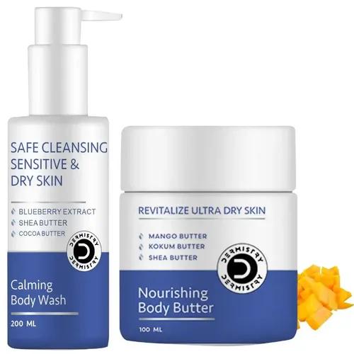 Dermistry Sensitive & Dry Skin Calming Soothing Body Wash & Nourishing Body Butter | Shea & Cocoa Butter And Blue Berry And Safe Mild Gentle Soap Free Cleanser And Moisturizing Revitalizing And Deep Very Dry & Flaky Sensitive Skin And Mango, Kokum And Instant Moisturizer For Soft Smooth Skin Absorbs Quickly And Suitable For All Skin Types For Men & Women ( Pack Of 2 - 300 Ml )