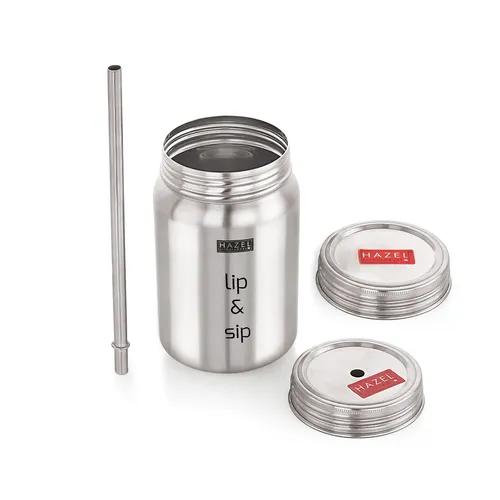 HAZEL Sipper Jar with Container | 2 in 1 Steel Jar and Container with 2 Lids and Straw | Stainless Steel Jar with Glossy Finish, Silver, 700 ML