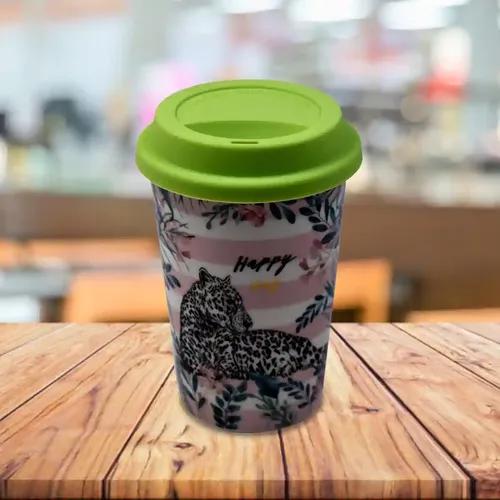 Kookee Ceramic Coffee or Tea Tall Tumbler with Silicone Lid for Office, Home or Gifting - 275ml (BPM4735-C)