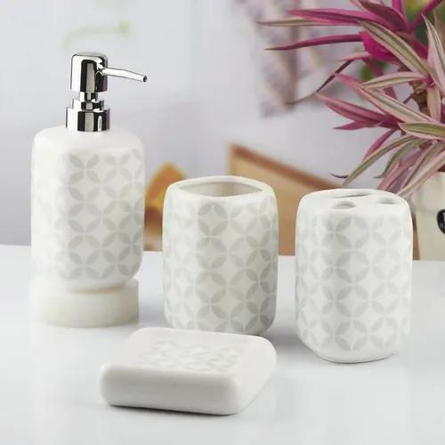 Kookee Ceramic Bathroom Accessories Set of 4, Modern Bath Set with Liquid hand wash Soap Dispenser and Toothbrush holder, Luxury Gift Accessory for Home, White (10453)