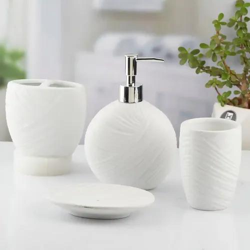 Kookee Ceramic Bathroom Accessories Set of 4, Modern Bath Set with Liquid hand wash Soap Dispenser and Toothbrush holder, Luxury Gift Accessory for Home, White (10431)