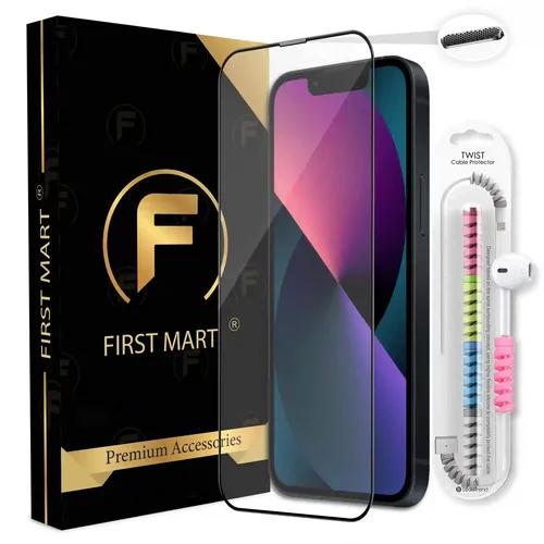 FIRST MART Premium Tempered Glass for iPhone 13 Mini Edge to Edge Screen Coverage, Speaker Mesh Dust Filter & Cable Protector with Easy Installation Kit