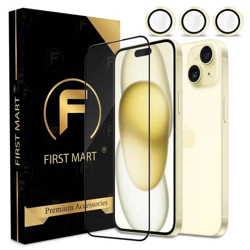 FIRST MART for iPhone 15 Tempered Glass and 1 Set of Individual Yellow Camera Rings Protectors, 2.5D Curved Edges, Full-Coverage Military-Grade Protection, Scratch Resistant | Yellow Rings