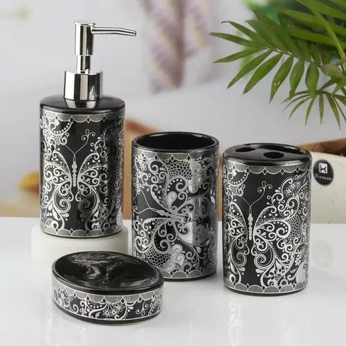 Kookee Ceramic Bathroom Accessories Set of 4, Modern Bath Set with Liquid hand wash Soap Dispenser and Toothbrush holder, Luxury Gift Accessory for Home, Black/Silver (10461)