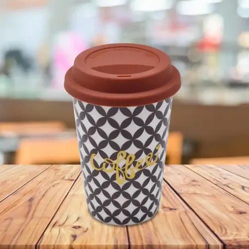 Kookee Ceramic Coffee or Tea Tall Tumbler with Silicone Lid for Office, Home or Gifting - 275ml (BPM4875-B)