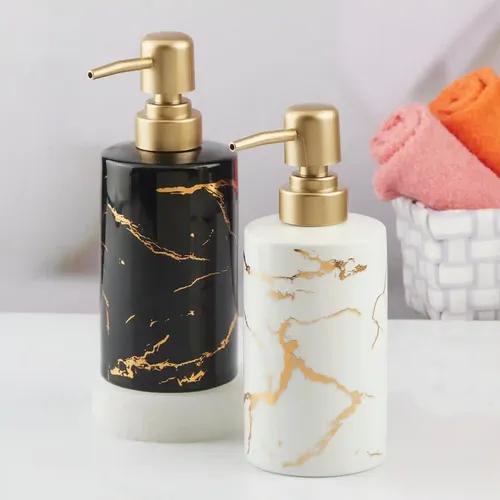 Kookee Ceramic Soap Dispenser for Bathroom hand wash, refillable pump bottle for Kitchen hand wash basin, Set of 2, Black/White (10549)