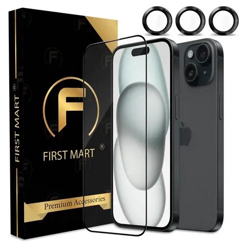 FIRST MART for iPhone 15 Tempered Glass and 1 Set of Individual Black Camera Rings Protectors, 2.5D Curved Edges, Full-Coverage Military-Grade Protection, Scratch Resistant | Black Rings