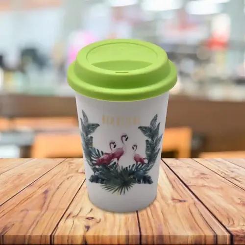 Kookee Ceramic Coffee or Tea Tall Tumbler with Silicone Lid for Office, Home or Gifting - 275ml (BPM4723-D)